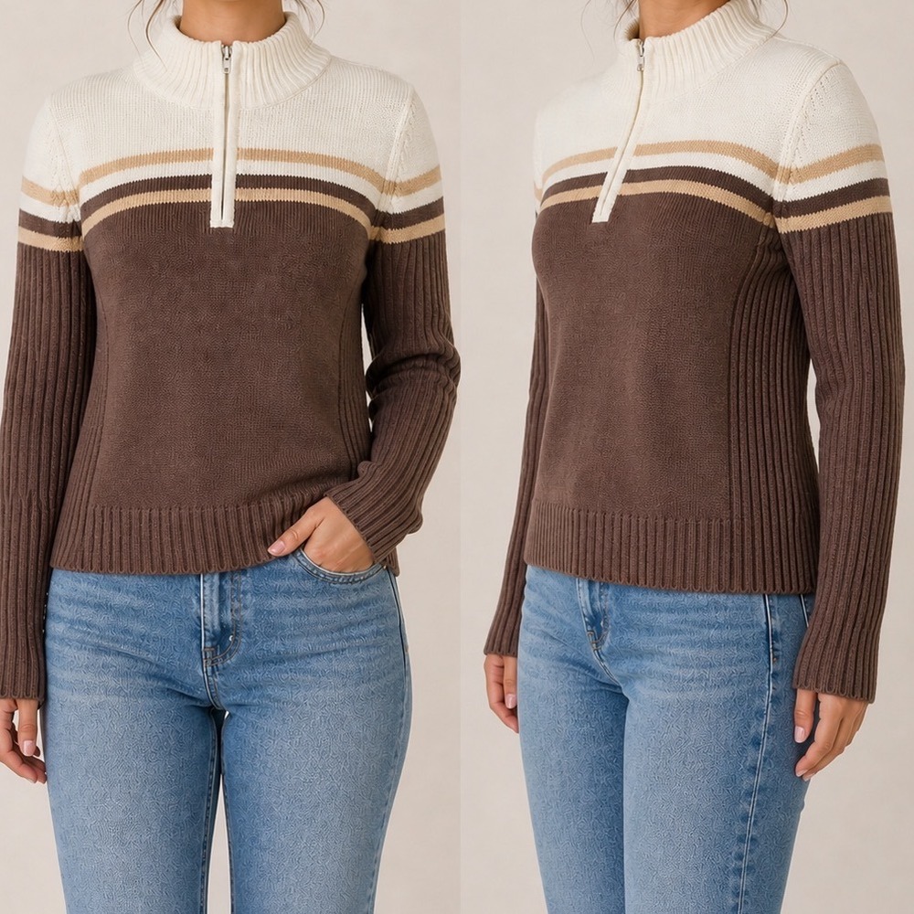 St Johns Bay Petite Brown Striped Quarter Zip Cotton Mock Neck Sweater PM F2